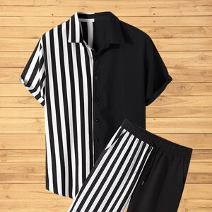 Black & White Striped Two Piece Button Up and Shorts Loungewear Set • Striped Shorts Vertical stripe • Drawstring Pocket  • Leisure Wear Set