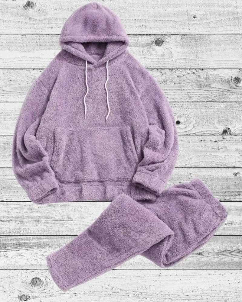 Unisex Fluffy Hoodie Pants Purple Track 