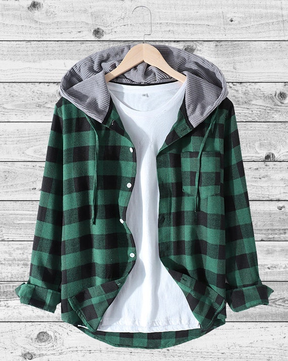 Button Down Hooded Shirt Plaid Flannel 