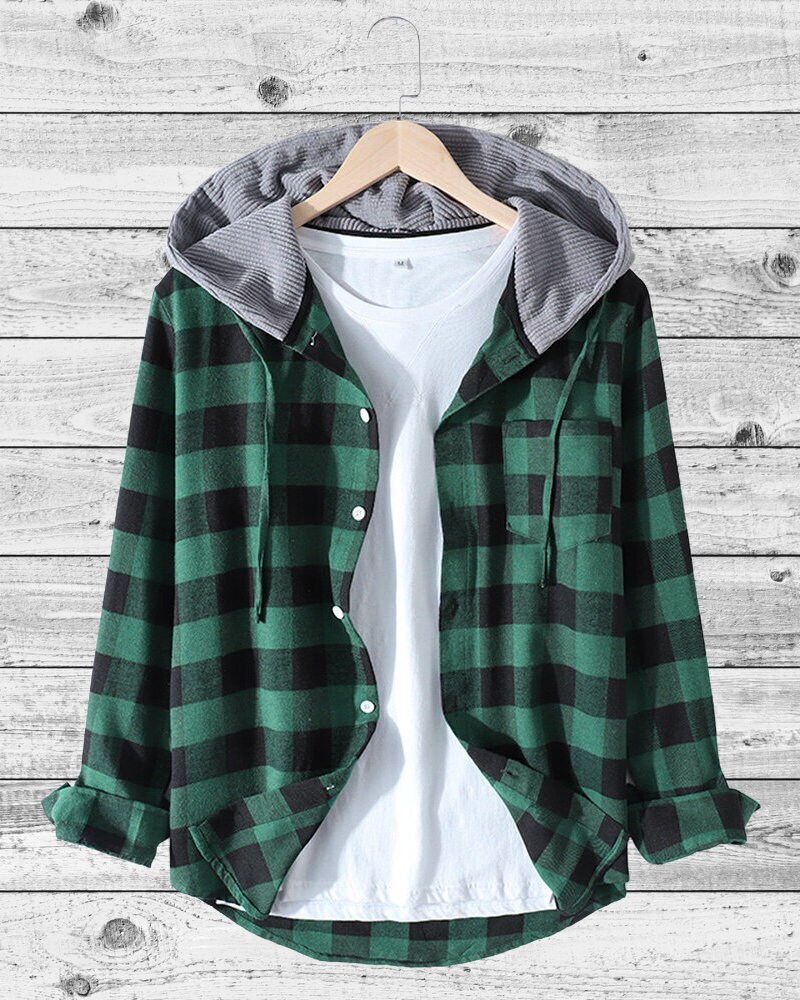 Black and Green Button Down Hooded Shirt Plaid Flannel - Etsy