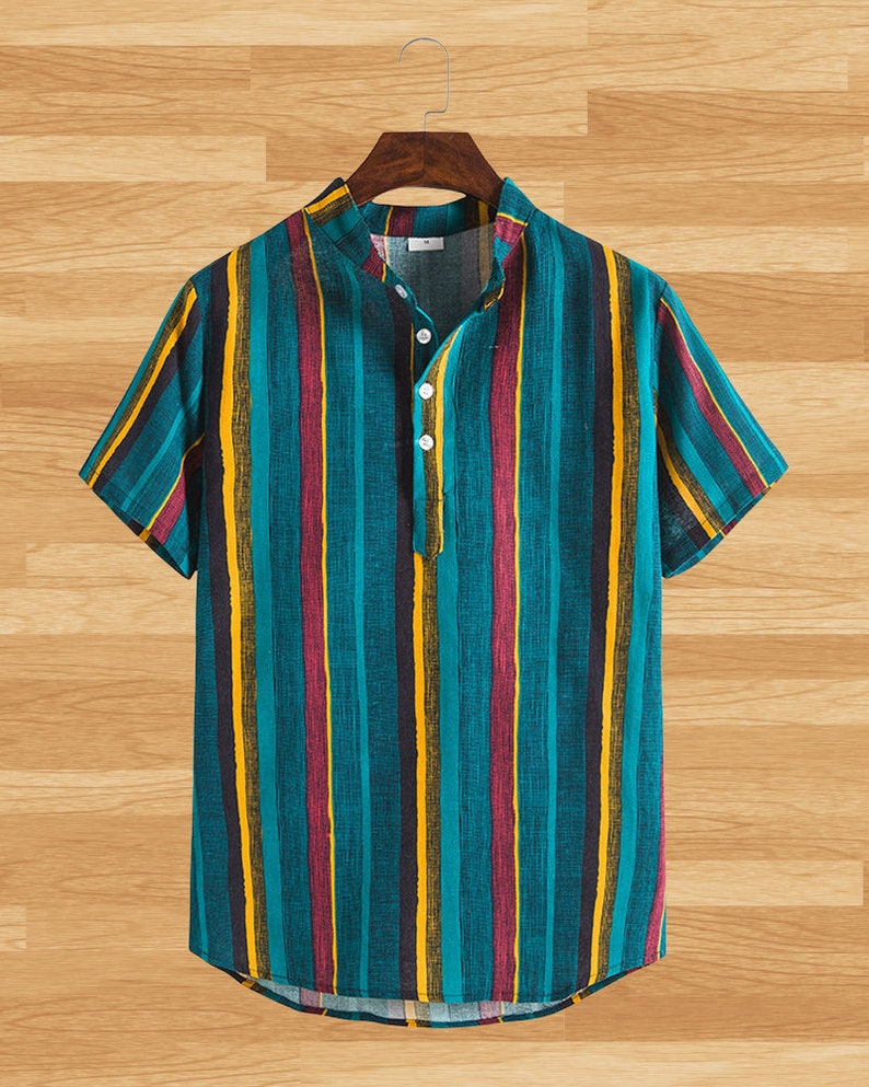 Men's Vintage Striped Button up Henley Shirt Etsy