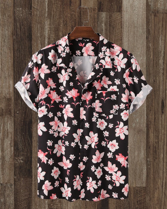 Mens Floral Black Pink Button Down 