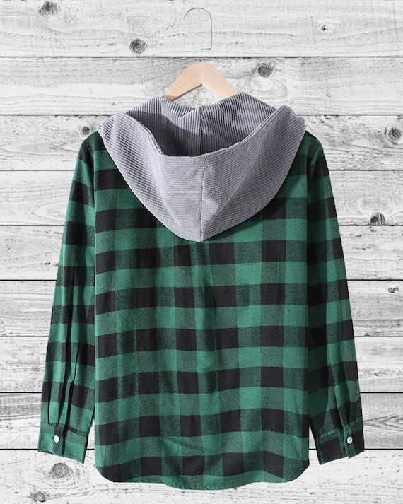 DavidMunnerlynCloset Black and Green Button Down Hooded Shirt * Plaid Flannel Hoodie * Plaid 90s * Plaid Drawstring Hooded Jacket * Pocket Button Top Coat Winter
