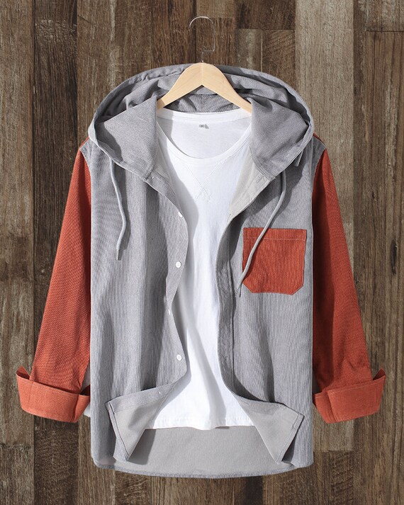 Gray and Red Pastel Hoodie Corduroy Colorblock Button Down - Etsy Singapore