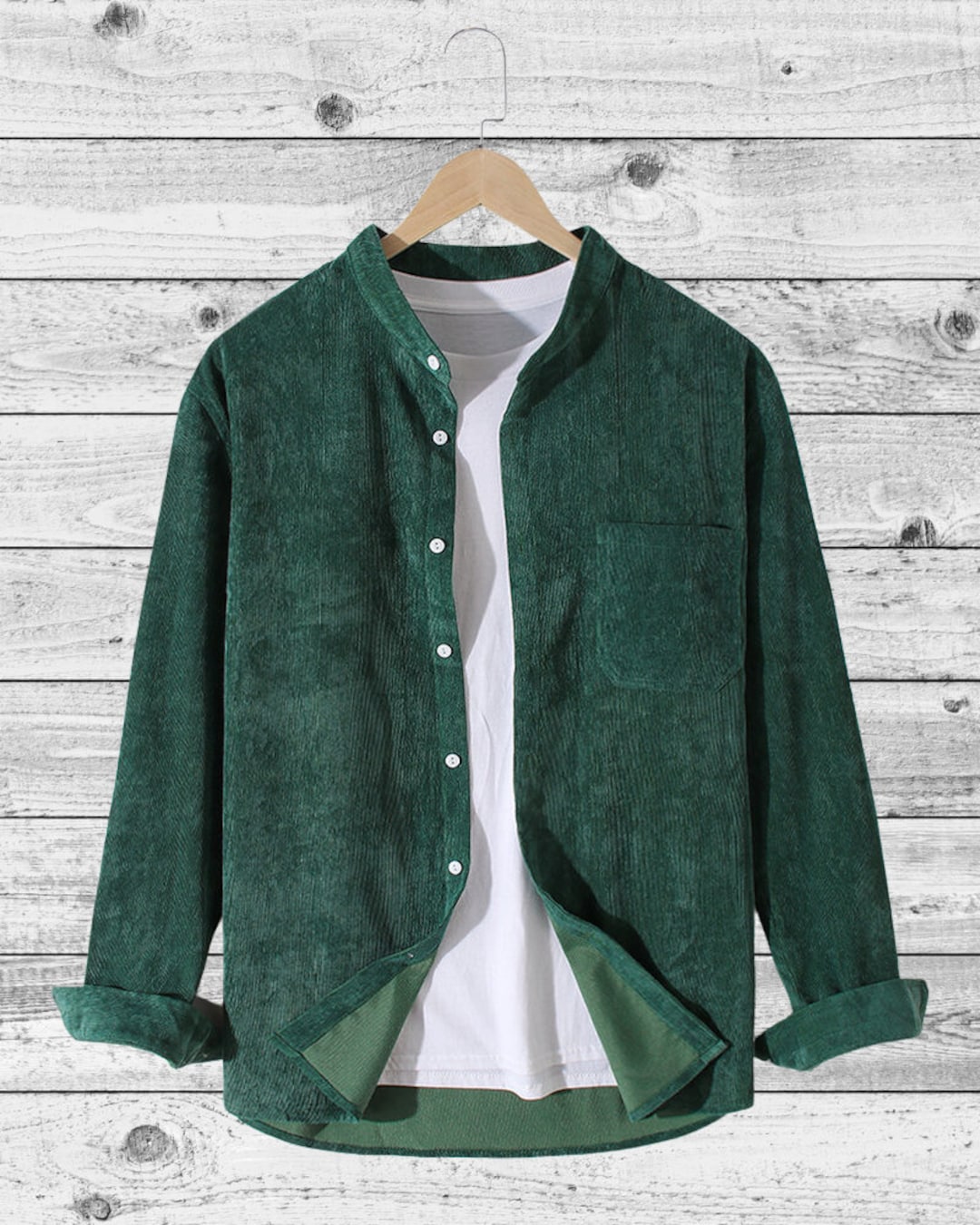 Green Collarless Corduroy Shirt Vintage 90s Button up - Etsy