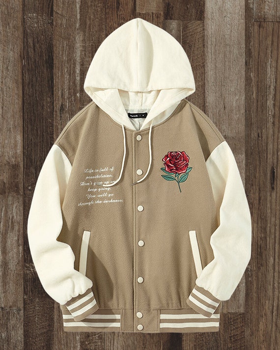 Tan Rose Baseball Varsity Hoodie College Varsity Jacket 