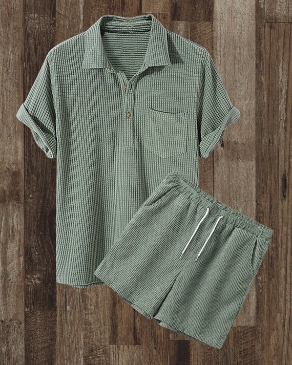 Green Two Piece Button up and Shorts Loungewear Set Home - Etsy