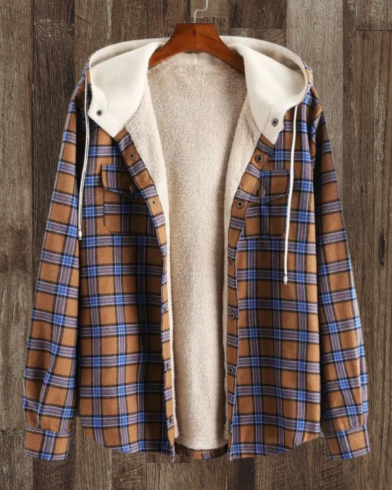 Blue u0026 Brown Flannel Shirt Jacket Hoodie Causal Hooded Plaid - Etsy Canada