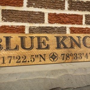 May include: Wooden sign with the words "BLUE KNOB" in bold, black letters. Below the text are coordinates and a compass rose design. The sign is made of light brown wood and is displayed against a brick wall.