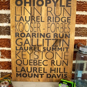 Wooden Laurel Highlands State Park Forest List Sign - Unique Rustic PA Cabin Wall Art - Handmade Outdoor Enthusiast  Housewarming Gift