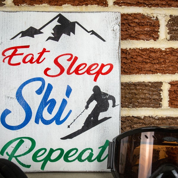 Eat Sleep Ski Repeat Rustic Wood Sign - Handmade Cabin Lodge Wall Art - Housewarming Skier Gift