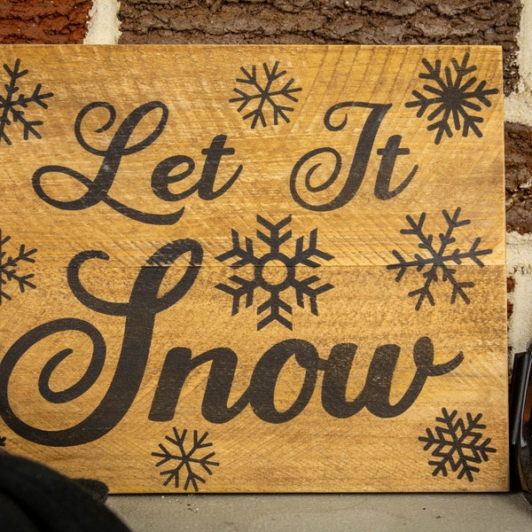 Let It Snow Rustic Wood Sign - Handmade Winter Theme Cabin Lodge Wall Art - Housewarming Ski / Snowboard Gift