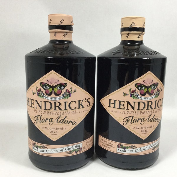 2 Empty Hendricks Flora Adora Gin 750ml Liquor Bottles Up-cycle Arts Craft DIY Bottle Project special release Collectors Edition