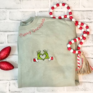 Embroidery Holiday, Merry Grinchmas Collar Embroidery, Grinch Ornament Embroidered Unisex Sweatshirt and crewnecks