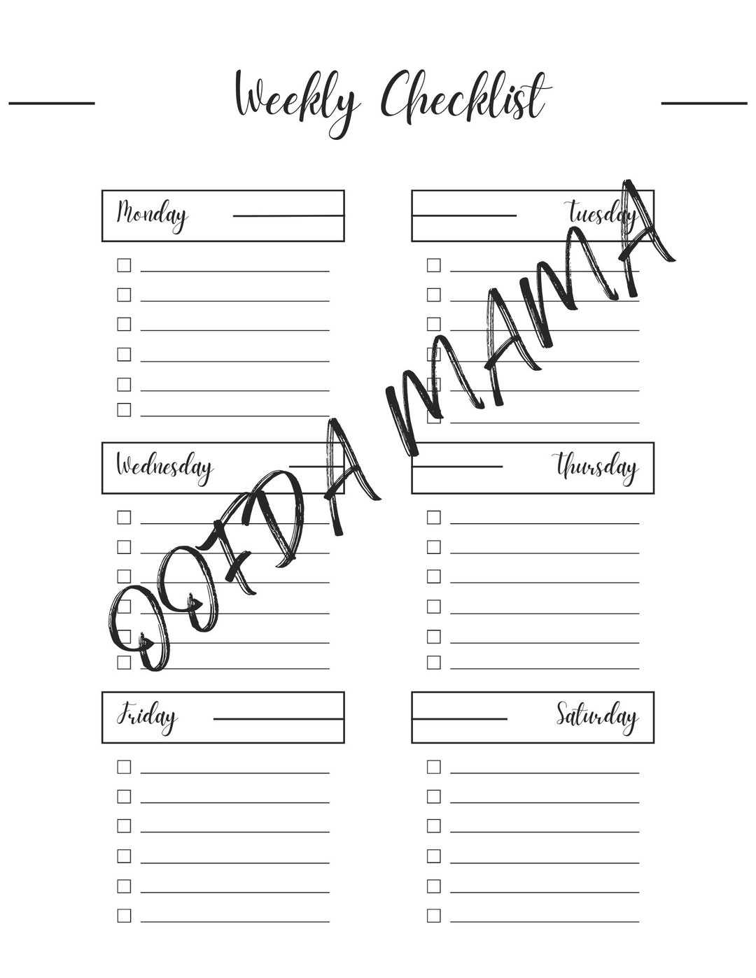 Weekly Checklist. Digital Downloadable Daily Organized Lists. Easy to Use, Helpful for