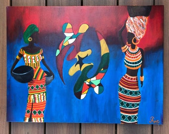 May include: A colorful abstract painting featuring two women in traditional African clothing. The women are standing on either side of a large, stylized symbol. The background is a vibrant blue with red and yellow accents.
