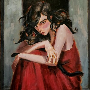 Girl with her Cat - Original oil painting