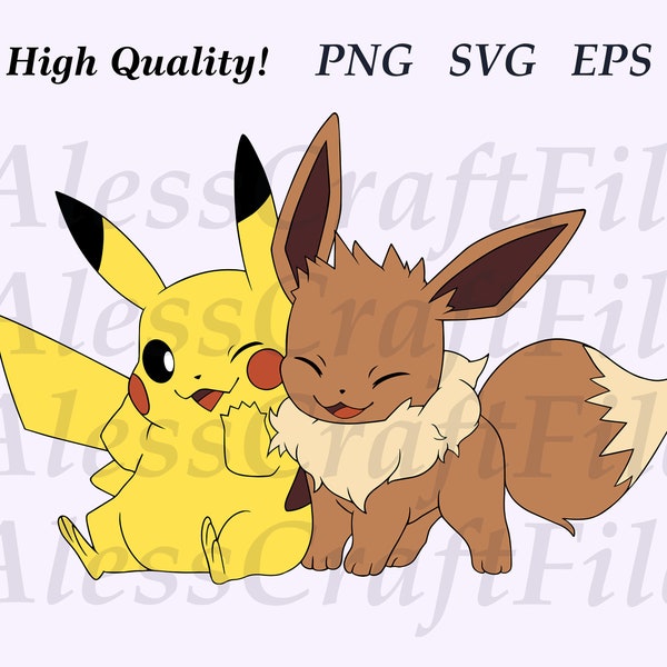 Pikachu & Evoli in Farbe Vektor Benutzerdefinierte Schnitt SVG PNG-EPS-Dateien