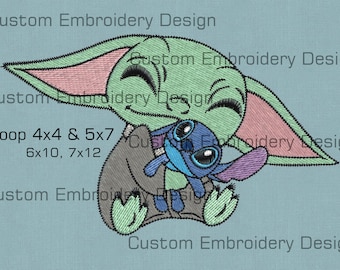 4x4 5x7 6x10 & 7x12 Hoop Embroidery Custom Design - Baby Yoda and Stitch Toy in bag pes hus jef
