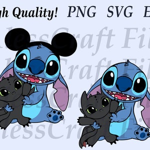 Zestaw zabawek Stitch i Toothless Dragon 4 z uszami Myszki Miki, wektor, warstwowe, niestandardowe pliki SVG PNG EPS