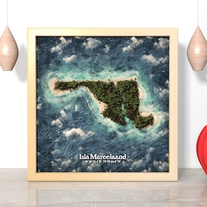 May include: A framed illustration of an island shaped like the state of Maryland, surrounded by blue water with white clouds. The island is covered in green trees and the text "Isla Mareelaand 39°30'35.4"N 79°18'44.9"W" is printed below the island.