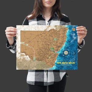 Carte A3 à gratter de la Nouvelle-Galles du Sud. Une carte à gratter de l'État australien de la Nouvelle-Galles du Sud pour les amateurs de voyages. Cadeau de voyage.