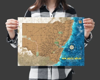 May include: A vintage-style map of New South Wales, Australia, with a brown background and blue ocean border. The map shows major cities, towns, and roads. The text "NEW SOUTH WALES" is printed in yellow at the bottom of the map.