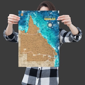 Carte du Queensland à gratter A3. Une carte à gratter de l'État australien du Queensland pour les amateurs de voyages. Cadeau de voyage.