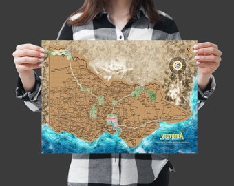 May include: A vintage-style map of Victoria, Australia, with a brown background and blue ocean border. The map shows major cities, roads, and national parks. The text "VICTORIA" is printed in yellow at the bottom of the map.