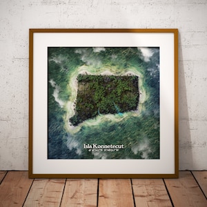 État du Connecticut en tant qu’estampe insulaire (Isla Konnetecut). Art de la nouveauté - imaginez votre état comme une île déserte.