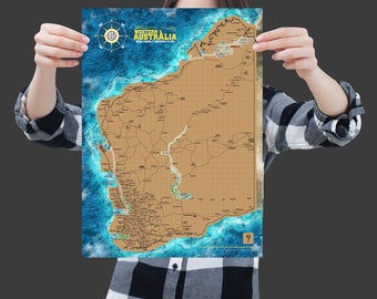 May include: A brown and tan map of Western Australia with a blue ocean border. The map shows major cities, towns, and roads. The text "Western Australia" is printed in yellow at the top of the map. The text "See There & Explore It" is printed in black below the map title.