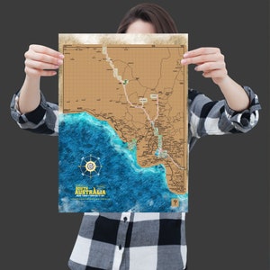 Carte à gratter A3 de l'Australie du Sud. Une carte à gratter de l'État australien d'Australie-Méridionale pour les amateurs de voyages. Cadeau de voyage.