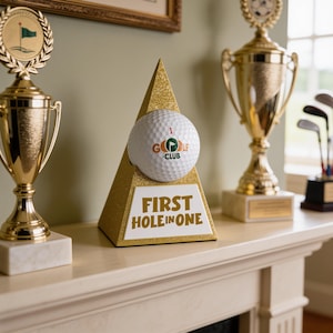 May include: A gold glitter triangular trophy stand featuring a white golf ball with the text GOLF CLUB and the number 1. A white plaque on the front of the stand displays the text FIRST HOLE IN ONE in bold gold lettering.