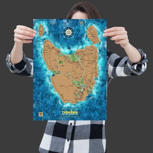 Carte à gratter A3 de la Tasmanie. Une carte à gratter de l'État australien de Tasmanie pour les amateurs de voyages. Cadeau de voyage.