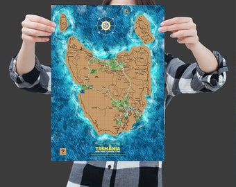 A3 Scratch Off Mapa de Tasmania. Un mapa de rasguño del estado australiano de Tasmania para entusiastas de los viajes. Regalo de viaje.