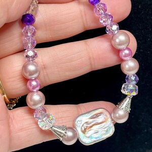 Stunning genuine Fresh Water Pearl Bracelet/purple Swarovski crystals/Soft color/handmade/bridal/bridesmaid/gift for her/Silver armband/June