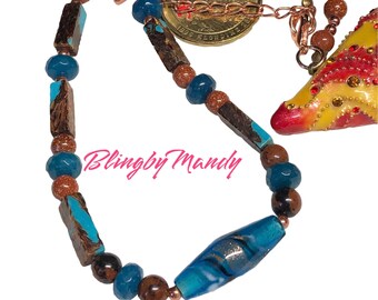 pretty blue and copper necklace, amazing necklace. jade and copper bronzite accent. Gift for her, very pretty