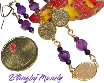 Stunning European look purple gold wire/beaded bracelet, earring set, Elegant, looks rich unique one of a kind, gift for her, gorgeous druzy
