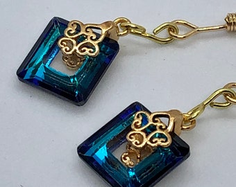 electroplated titanium, blue color, gold accent Dangle drop earring. Diamond shape. Shepherd 1.5" long. gift for her