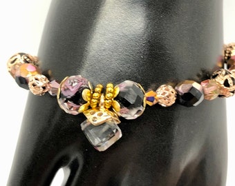 bracelet-handmade, pink, black, rose gold, toggle bracelet, dangle charm crystal, gorgeous, glamorous, bracelet-jewelry gift for her
