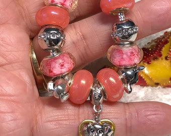 PRETTY PANDORA like charm bracelet, cute Dangle HEART, dog themed bracelet, beautiful gift for her