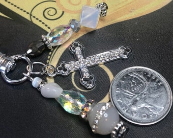 CROSS Key fob/keychain for phone and can decorate your purse or pocket. beautiful Moonstone/white crystal accents, rhinestone. Gift for her