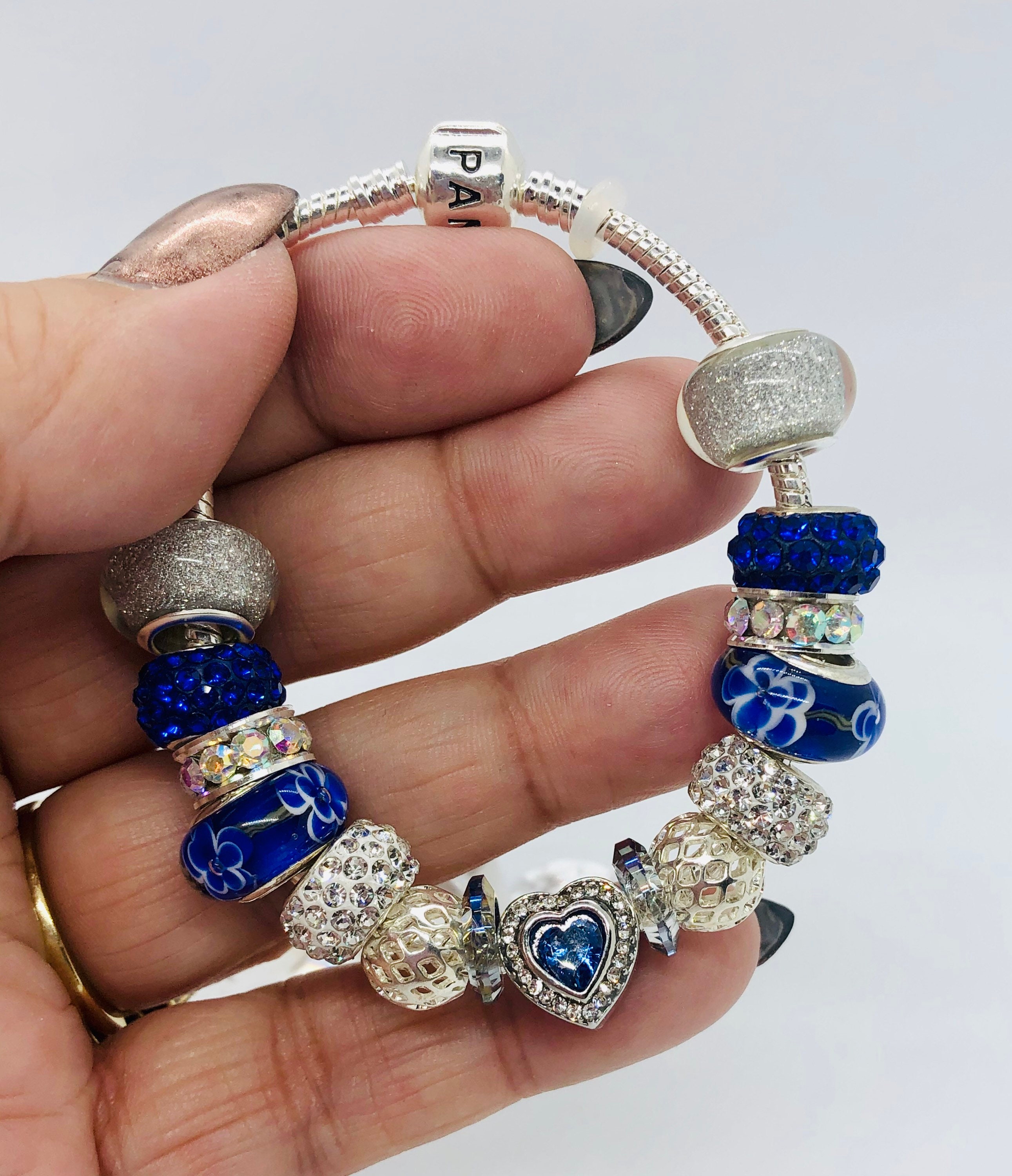 Pandora like charm bracelet. Crystal surround blue heart and Etsy