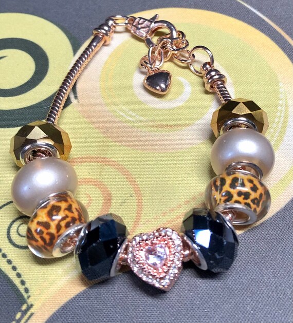 Pandora Like Charm Bracelet. Rose Gold Leopard Print Beads
