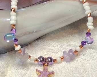 Sea /beach LAVENDER STARFISH summer theme anklet with clasp, gorgeous beads, white seed and genuine amethyst, rose gold accents. sweet gift