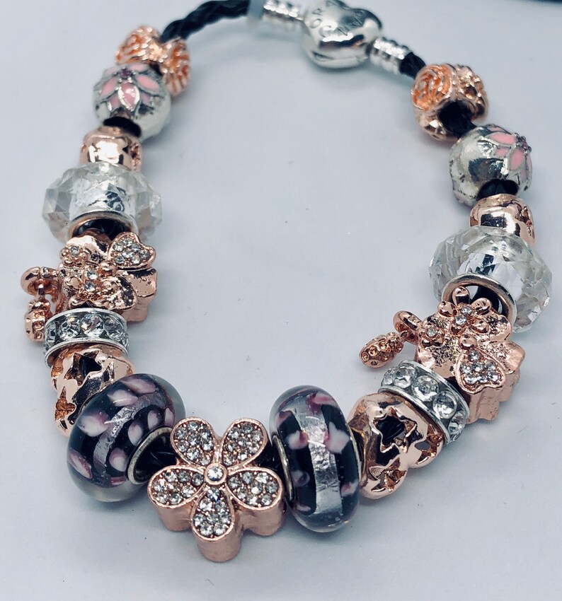 Pandora Like Charm Bracelet With Rose Gold and Black Accents Etsy