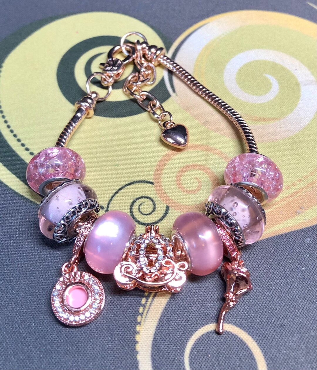 Charm Bracelet Pandora Like, PRINCESS Carriage With Dangle Rose and Extra Bling ICED, Murano
