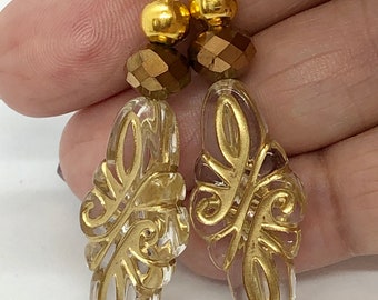 Art Deco resin Dangle drop earring gold foil print. Shepherd 2.25." long. great gift for her