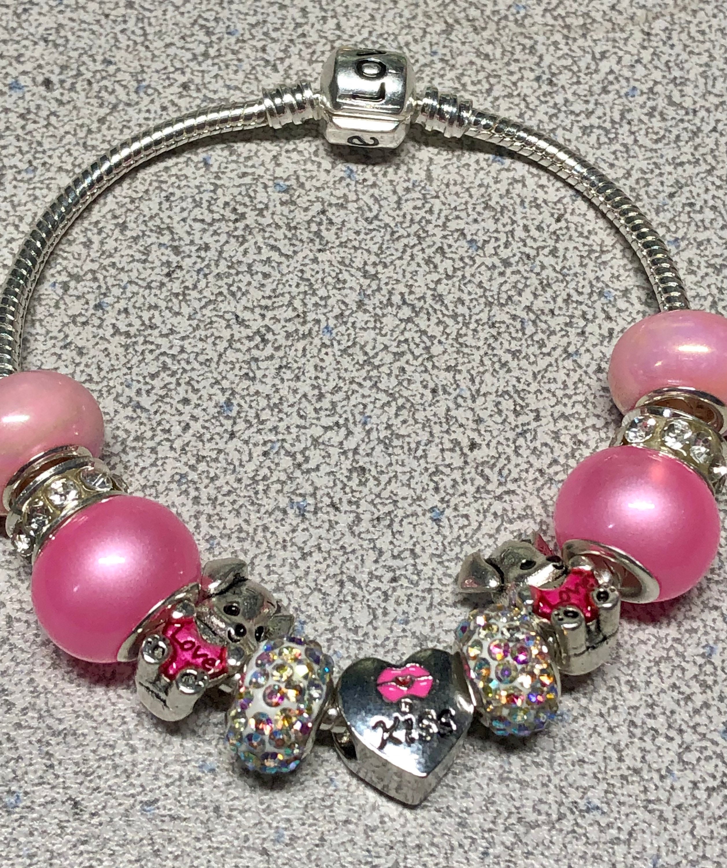 Pandora Like Charm Bracelet. BRIGHT Pink Charms, Teddy Bears, Love