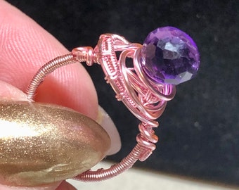 natural amethyst onion shape, purple pinkie ring, cute and adorable, woven artisan ring, tarnish proof copper, genuine, petite gift for her